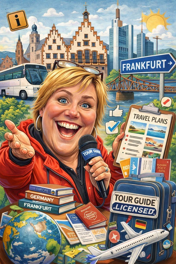 Cartoon-Illustration einer Reiseleiterin mit Reisezubehör